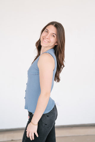 Ever Yours Ribbed Button Top - Blue