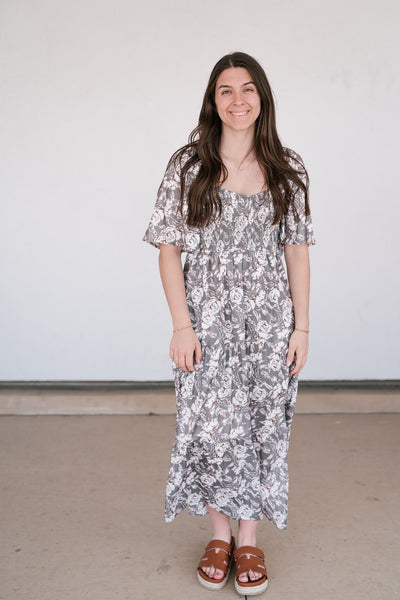Shades Of Olive Floral Smocked Midi Dress