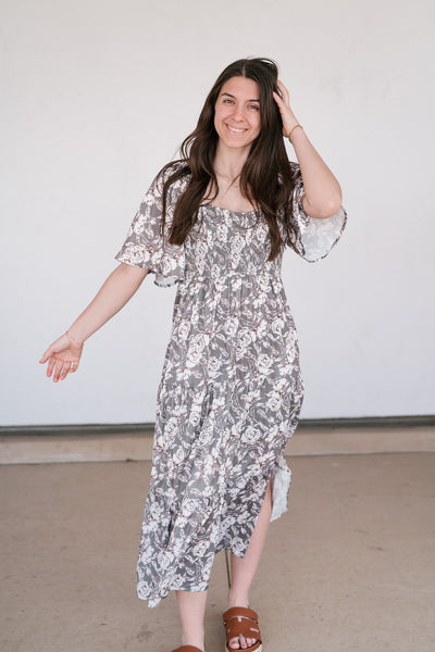 Shades Of Olive Floral Smocked Midi Dress