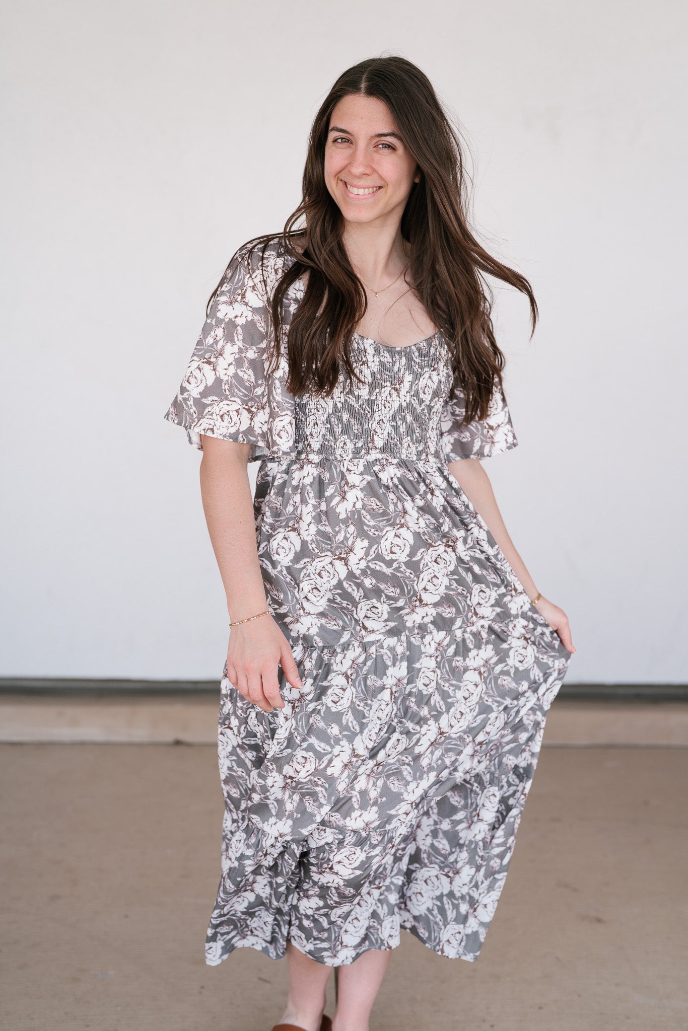 Shades Of Olive Floral Smocked Midi Dress