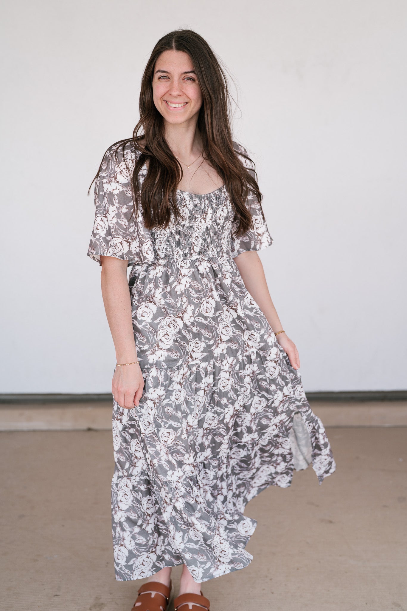 Shades Of Olive Floral Smocked Midi Dress