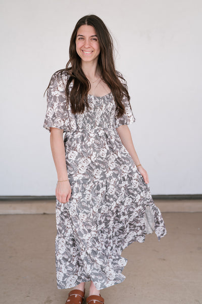 Shades Of Olive Floral Smocked Midi Dress