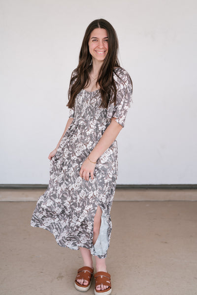 Shades Of Olive Floral Smocked Midi Dress