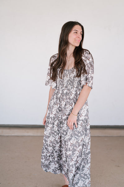 Shades Of Olive Floral Smocked Midi Dress