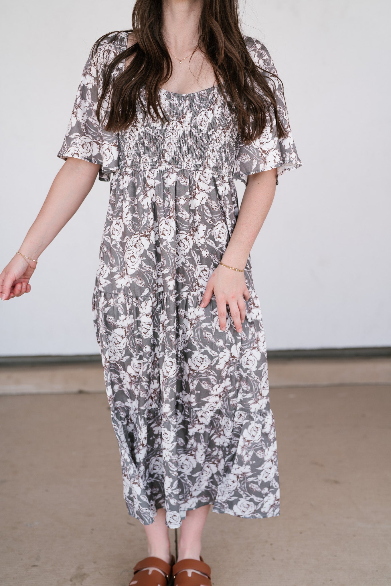Shades Of Olive Floral Smocked Midi Dress