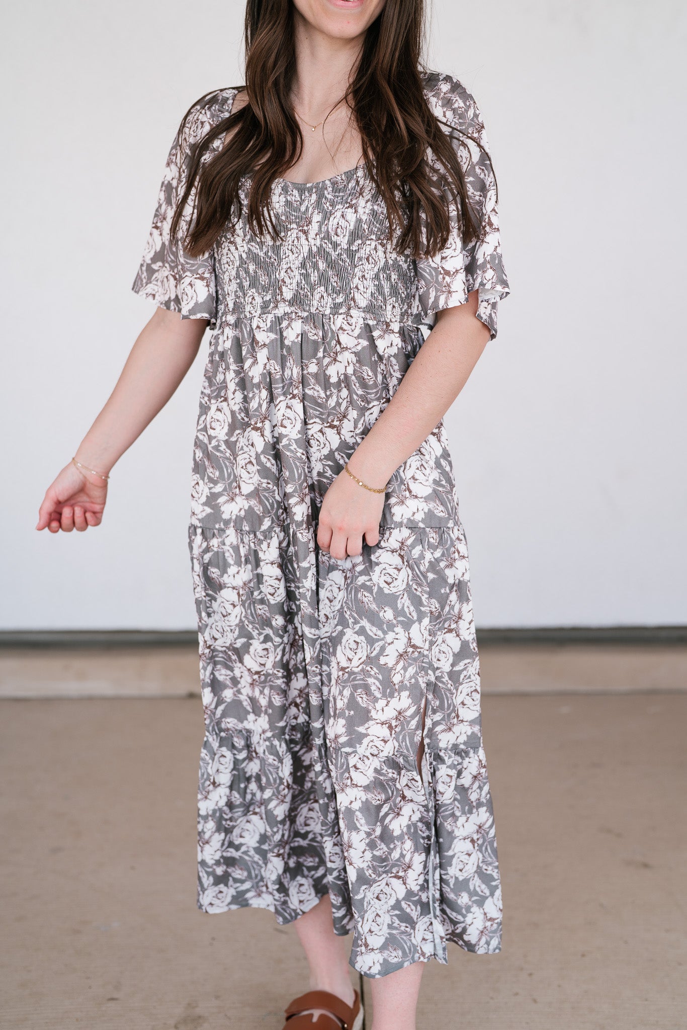 Shades Of Olive Floral Smocked Midi Dress