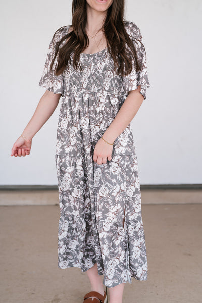 Shades Of Olive Floral Smocked Midi Dress
