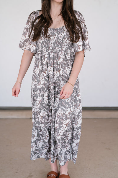 Shades Of Olive Floral Smocked Midi Dress