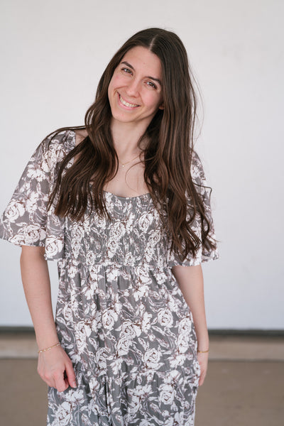 Shades Of Olive Floral Smocked Midi Dress