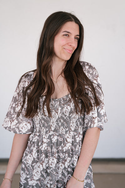 Shades Of Olive Floral Smocked Midi Dress