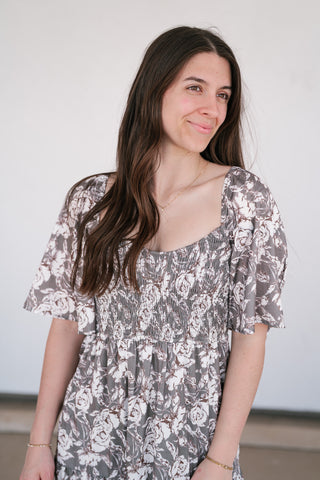 Shades Of Olive Floral Smocked Midi Dress