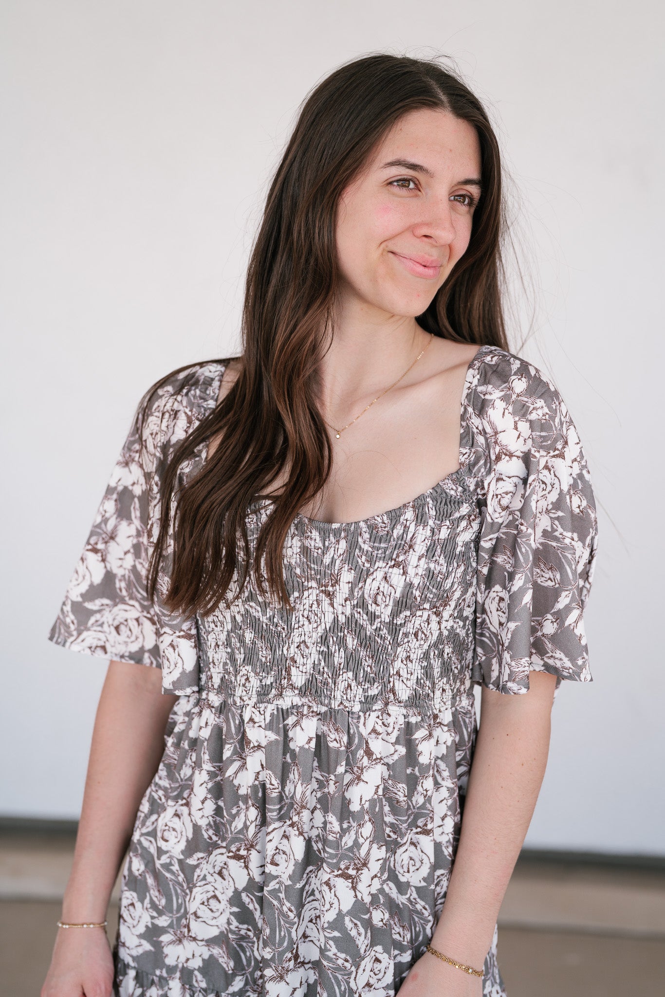 Shades Of Olive Floral Smocked Midi Dress