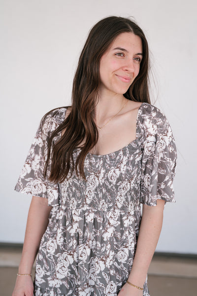 Shades Of Olive Floral Smocked Midi Dress
