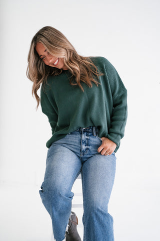 Comfort Cove Soft Waffle Knit Relaxed Pullover Top - Hunter Green