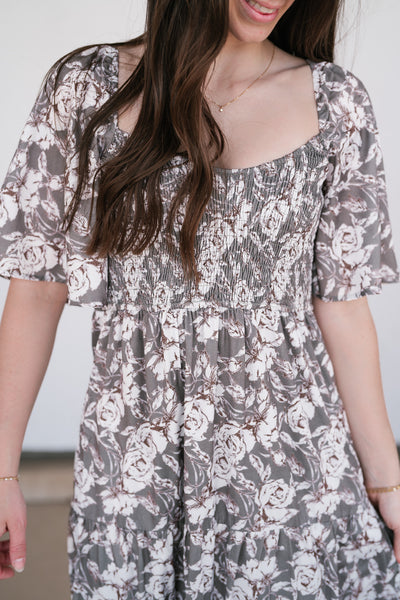 Shades Of Olive Floral Smocked Midi Dress