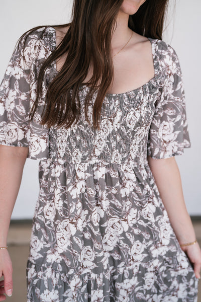 Shades Of Olive Floral Smocked Midi Dress