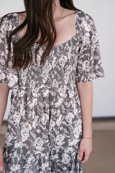 Shades Of Olive Floral Smocked Midi Dress