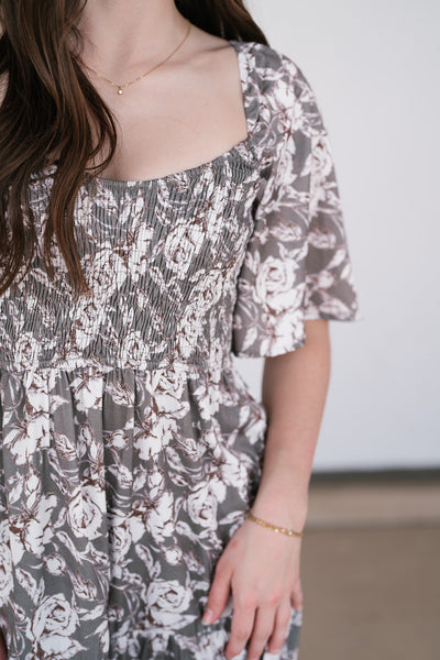 Shades Of Olive Floral Smocked Midi Dress