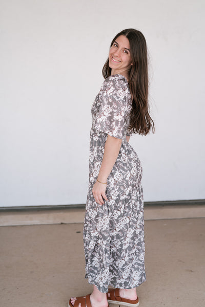 Shades Of Olive Floral Smocked Midi Dress
