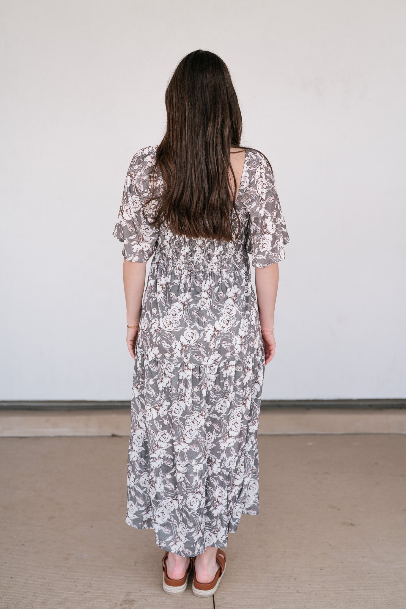 Shades Of Olive Floral Smocked Midi Dress