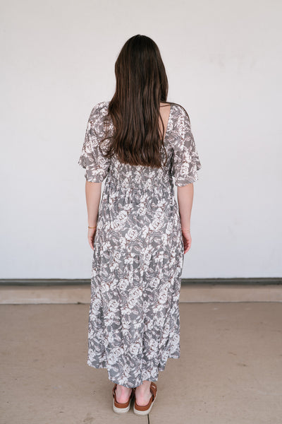 Shades Of Olive Floral Smocked Midi Dress