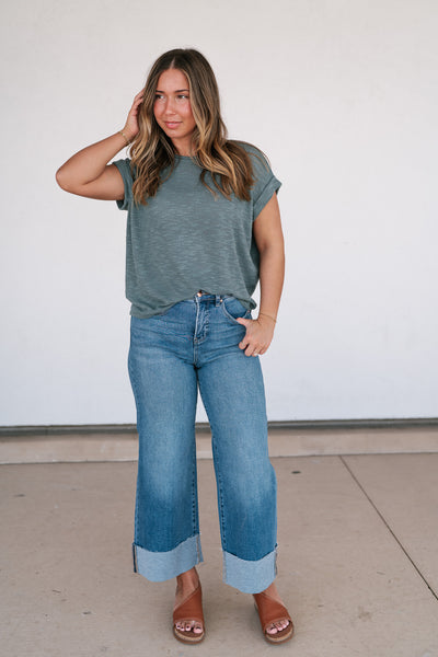 Breeze By Rolled Knit Top - Deep Teal