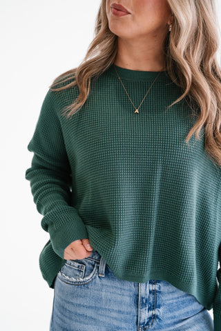 Comfort Cove Soft Waffle Knit Relaxed Pullover Top - Hunter Green