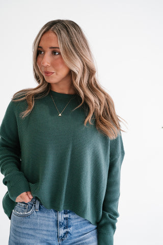 Comfort Cove Soft Waffle Knit Relaxed Pullover Top - Hunter Green