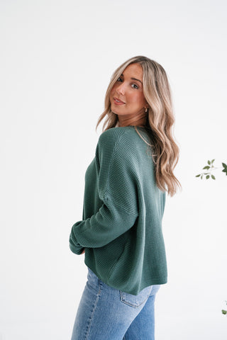 Comfort Cove Soft Waffle Knit Relaxed Pullover Top - Hunter Green