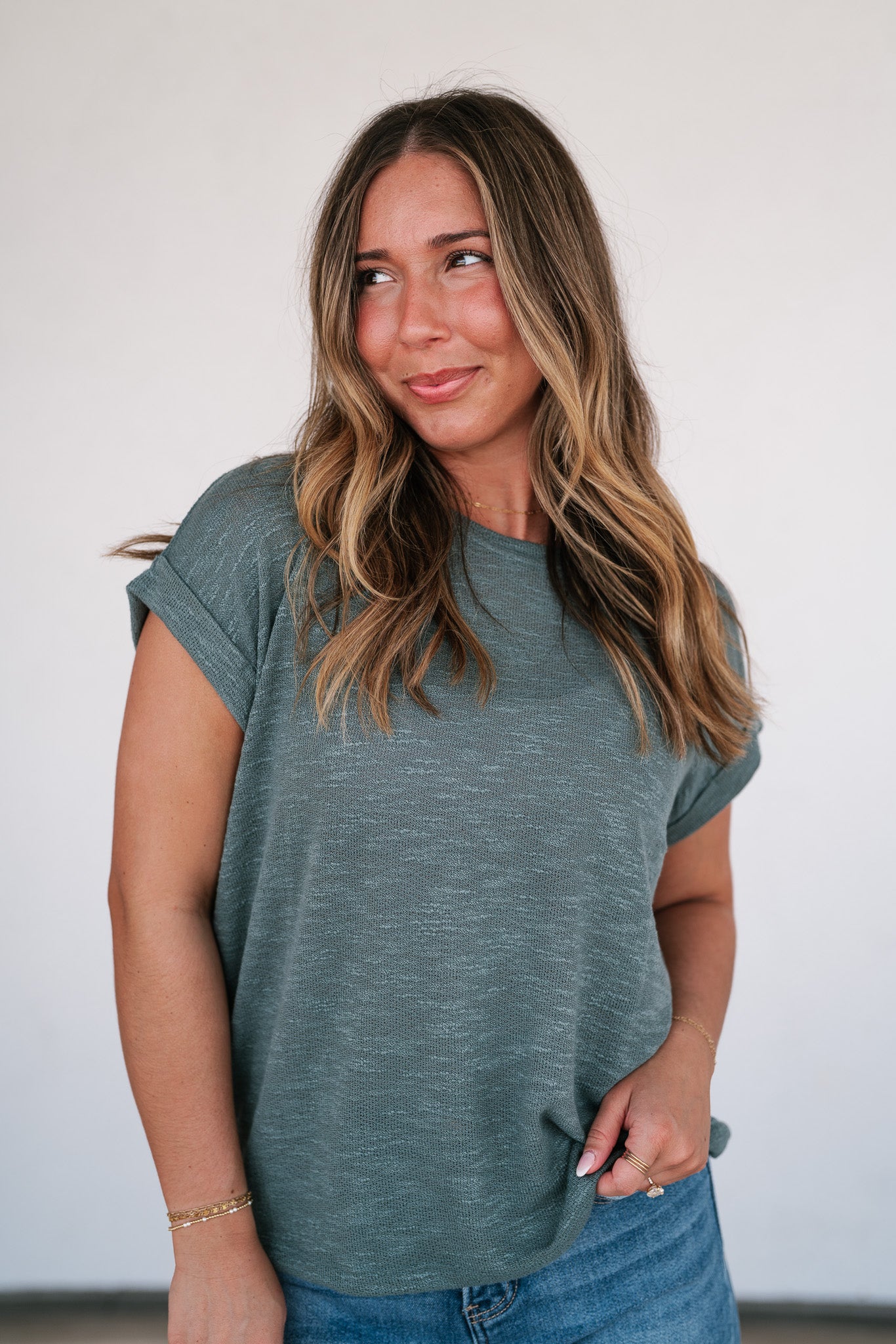 Breeze By Rolled Knit Top - Deep Teal
