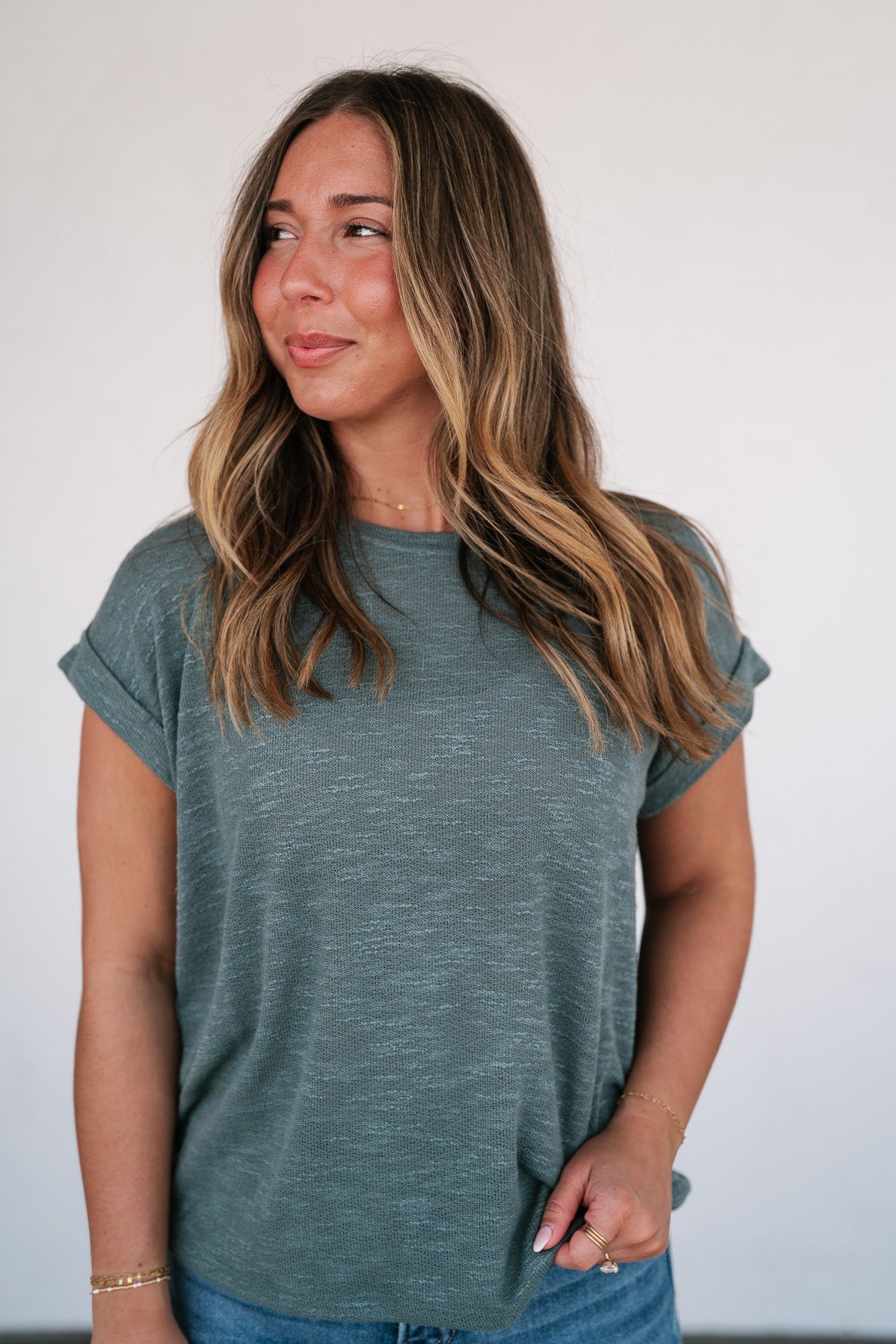 Breeze By Rolled Knit Top - Deep Teal
