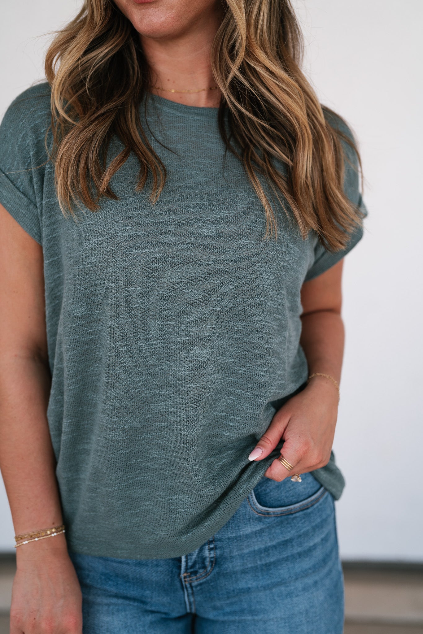 Breeze By Rolled Knit Top - Deep Teal