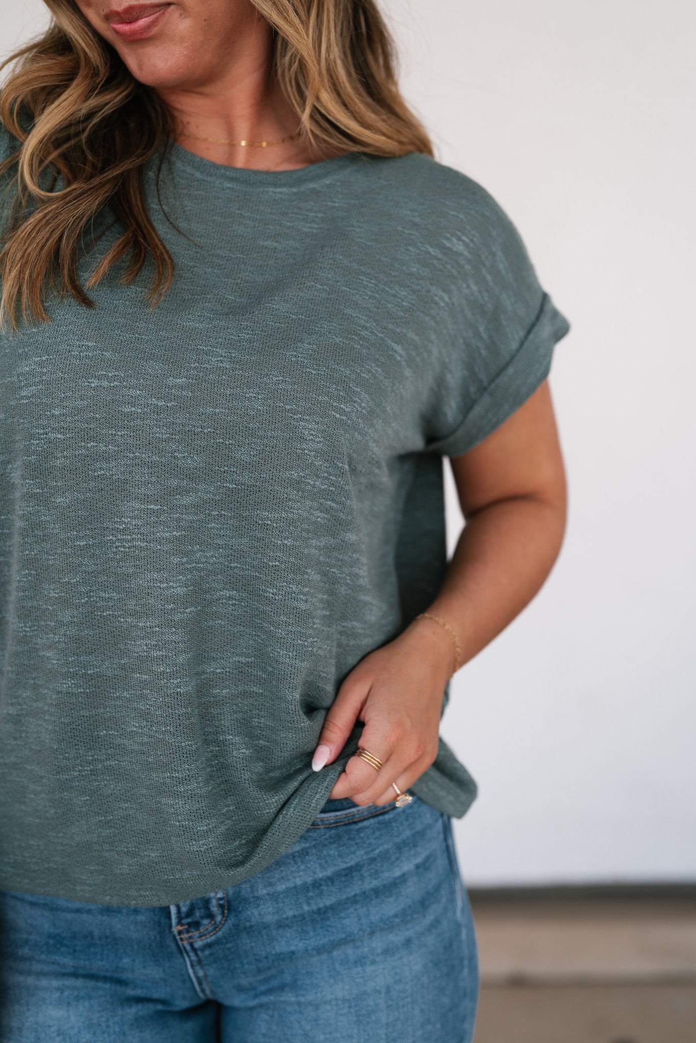 Breeze By Rolled Knit Top - Deep Teal
