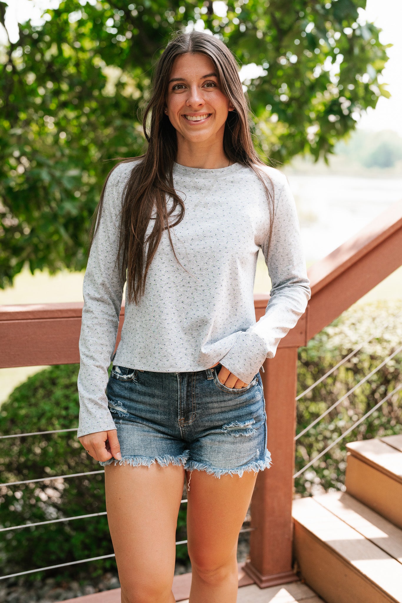 Morning Glory Dainty Floral Top- Heather Grey