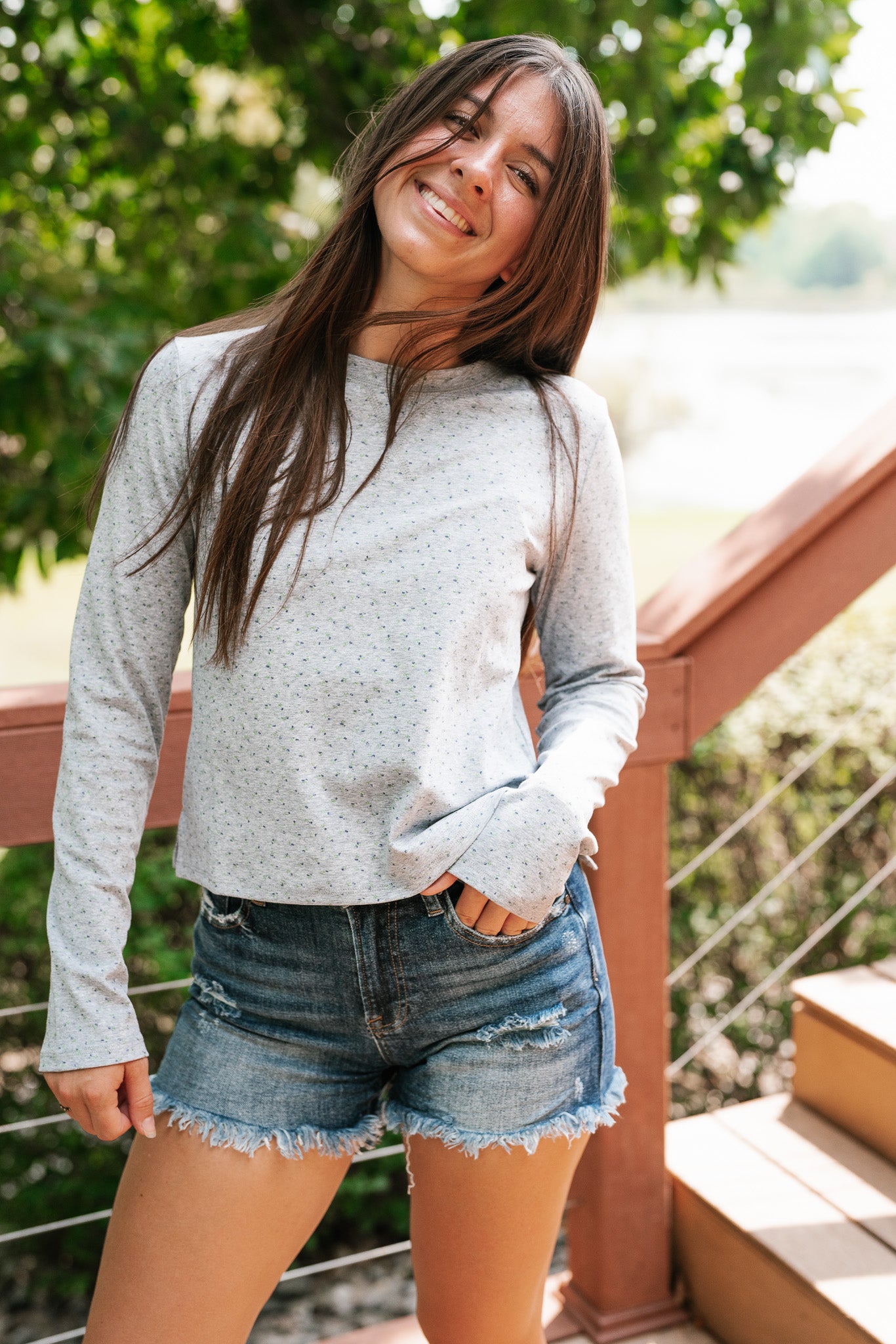 Morning Glory Dainty Floral Top- Heather Grey