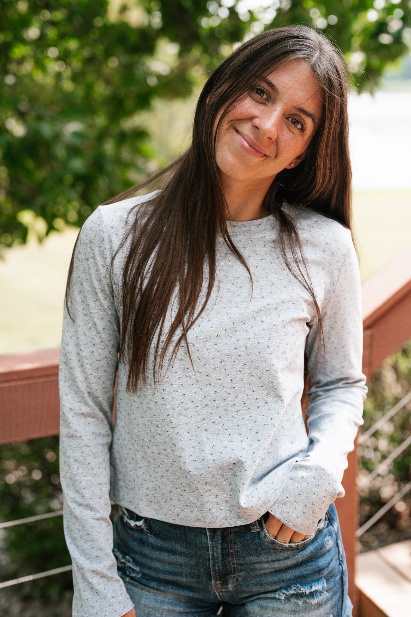 Morning Glory Dainty Floral Top- Heather Grey