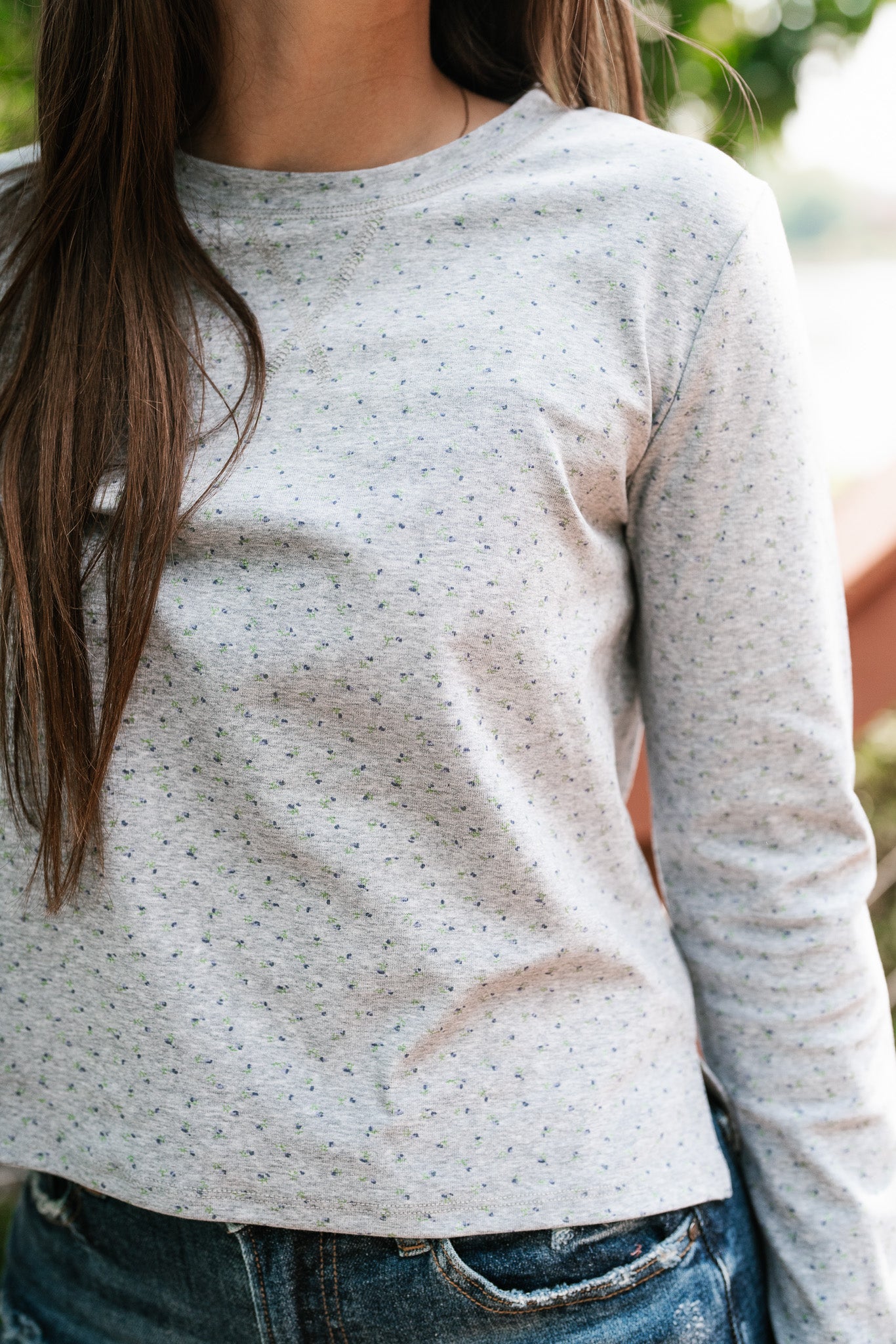 Morning Glory Dainty Floral Top- Heather Grey