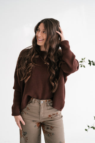 Comfort Cove Soft Waffle Knit Relaxed Pullover Top - Chocolate