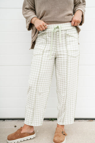 Main Street Gingham Barrel Pants - Sage