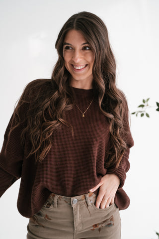 Comfort Cove Soft Waffle Knit Relaxed Pullover Top - Chocolate