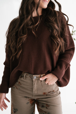 Comfort Cove Soft Waffle Knit Relaxed Pullover Top - Chocolate