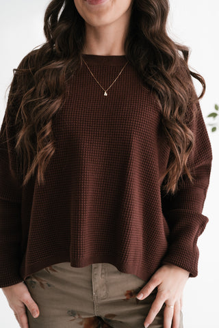 Comfort Cove Soft Waffle Knit Relaxed Pullover Top - Chocolate
