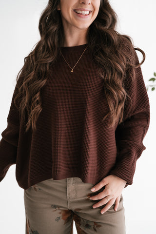 Comfort Cove Soft Waffle Knit Relaxed Pullover Top - Chocolate