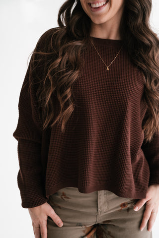 Comfort Cove Soft Waffle Knit Relaxed Pullover Top - Chocolate