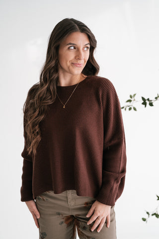 Comfort Cove Soft Waffle Knit Relaxed Pullover Top - Chocolate