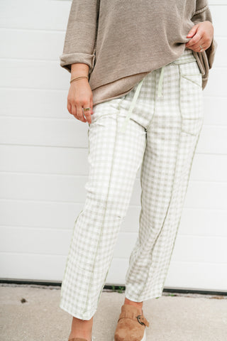 Main Street Gingham Barrel Pants - Sage