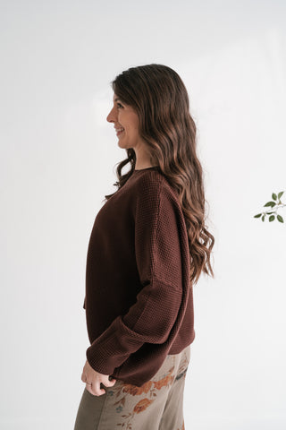 Comfort Cove Soft Waffle Knit Relaxed Pullover Top - Chocolate