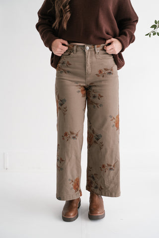 Floral Meadow Wide Leg Denim Pants - Olive