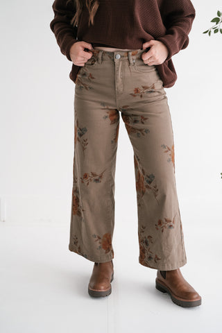 Floral Meadow Wide Leg Denim Pants - Olive
