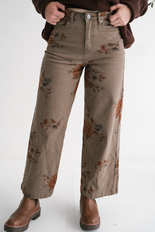 Floral Meadow Wide Leg Denim Pants - Olive